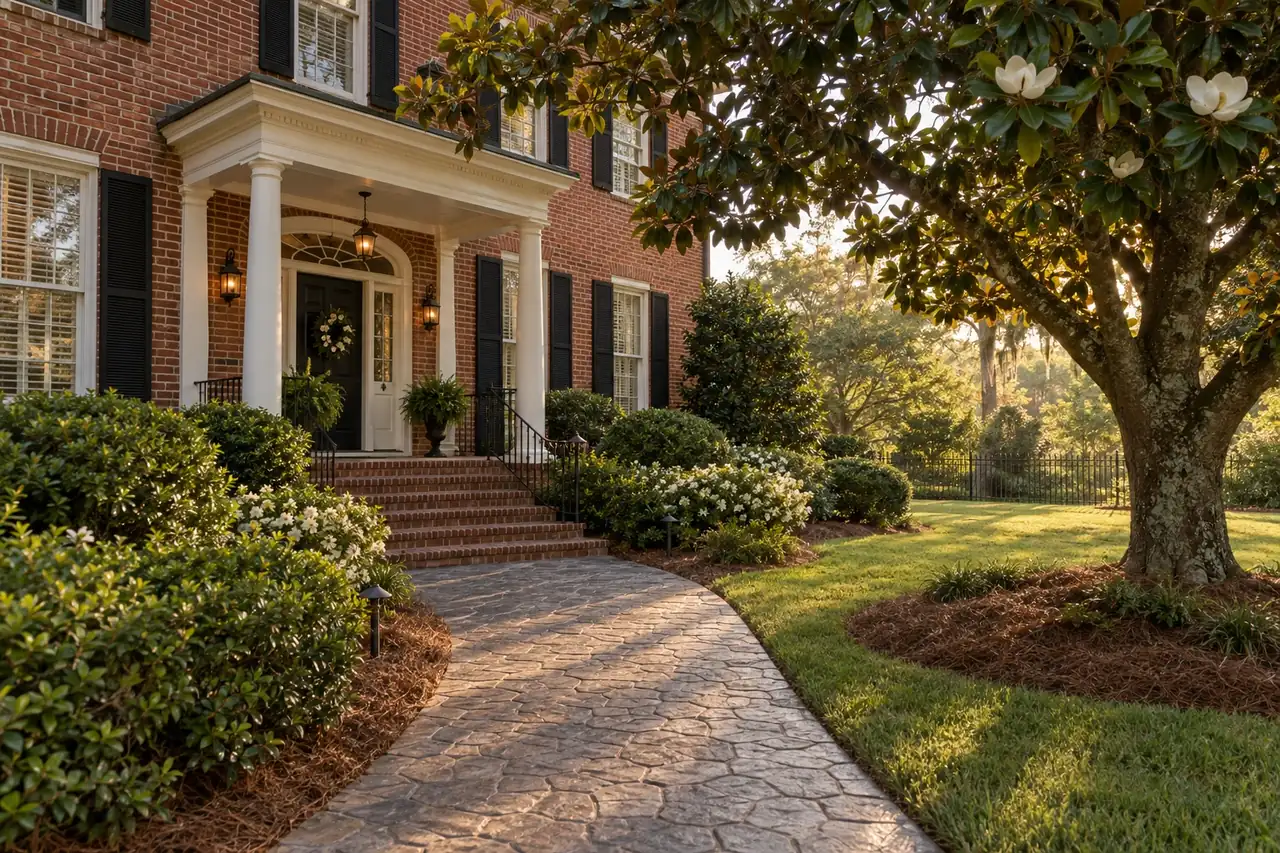 Tennessee home with a stamped concrete driveway and patio, typical of Columbia