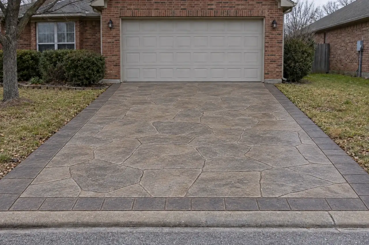 Concept image: a worn driveway and the same driveway replaced with stamped concrete - after