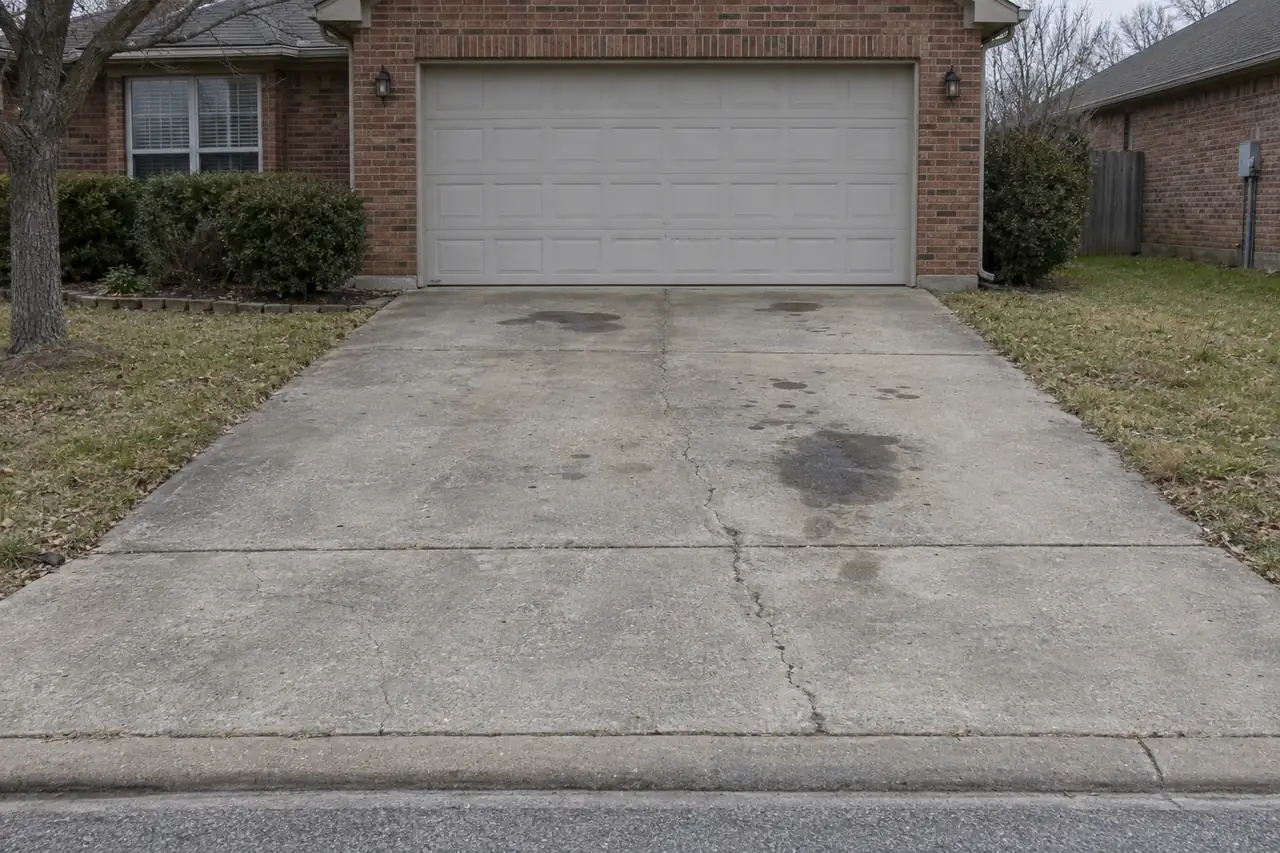 Concept image: a worn driveway and the same driveway replaced with stamped concrete - before