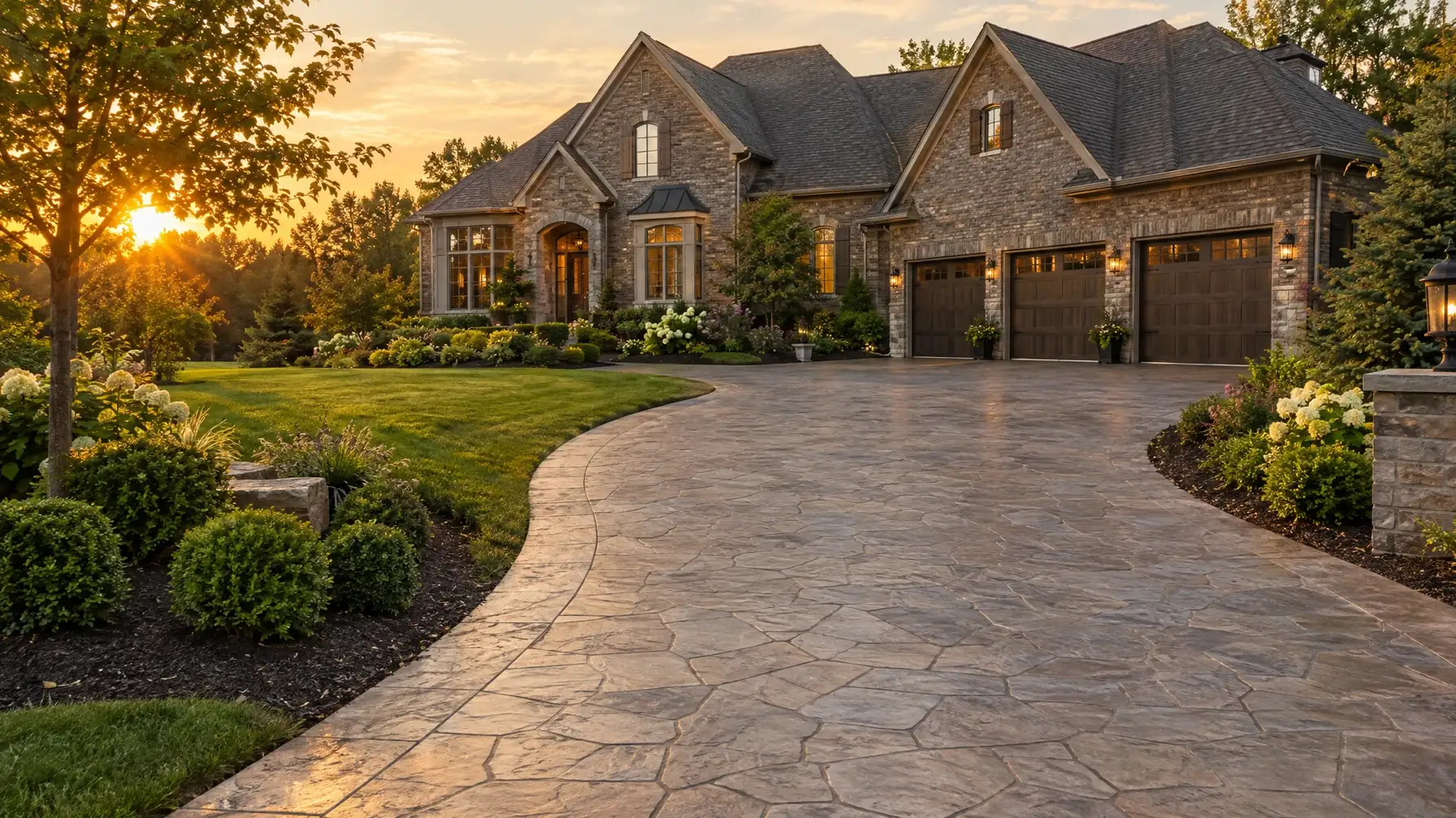 Curving stamped concrete driveway leading to a brick home with a three-car garage