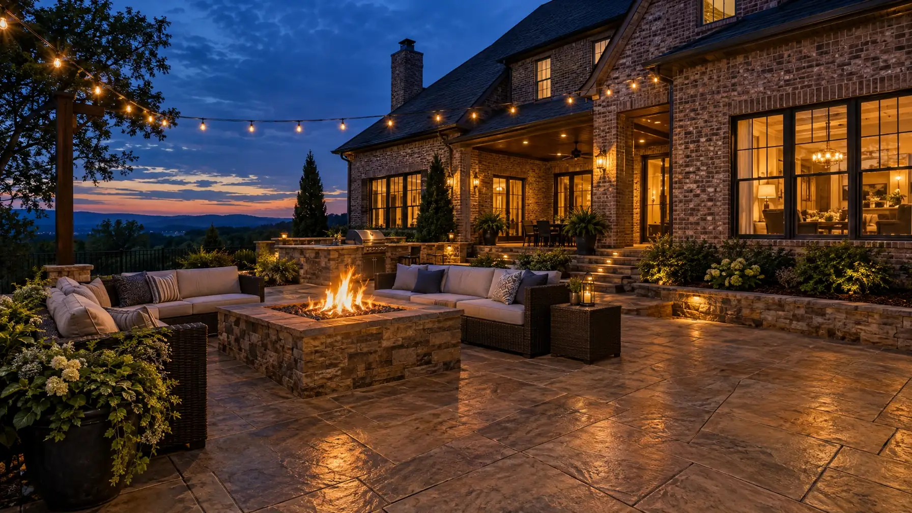 Stamped concrete patio with fire pit, outdoor sofas and string lights at dusk