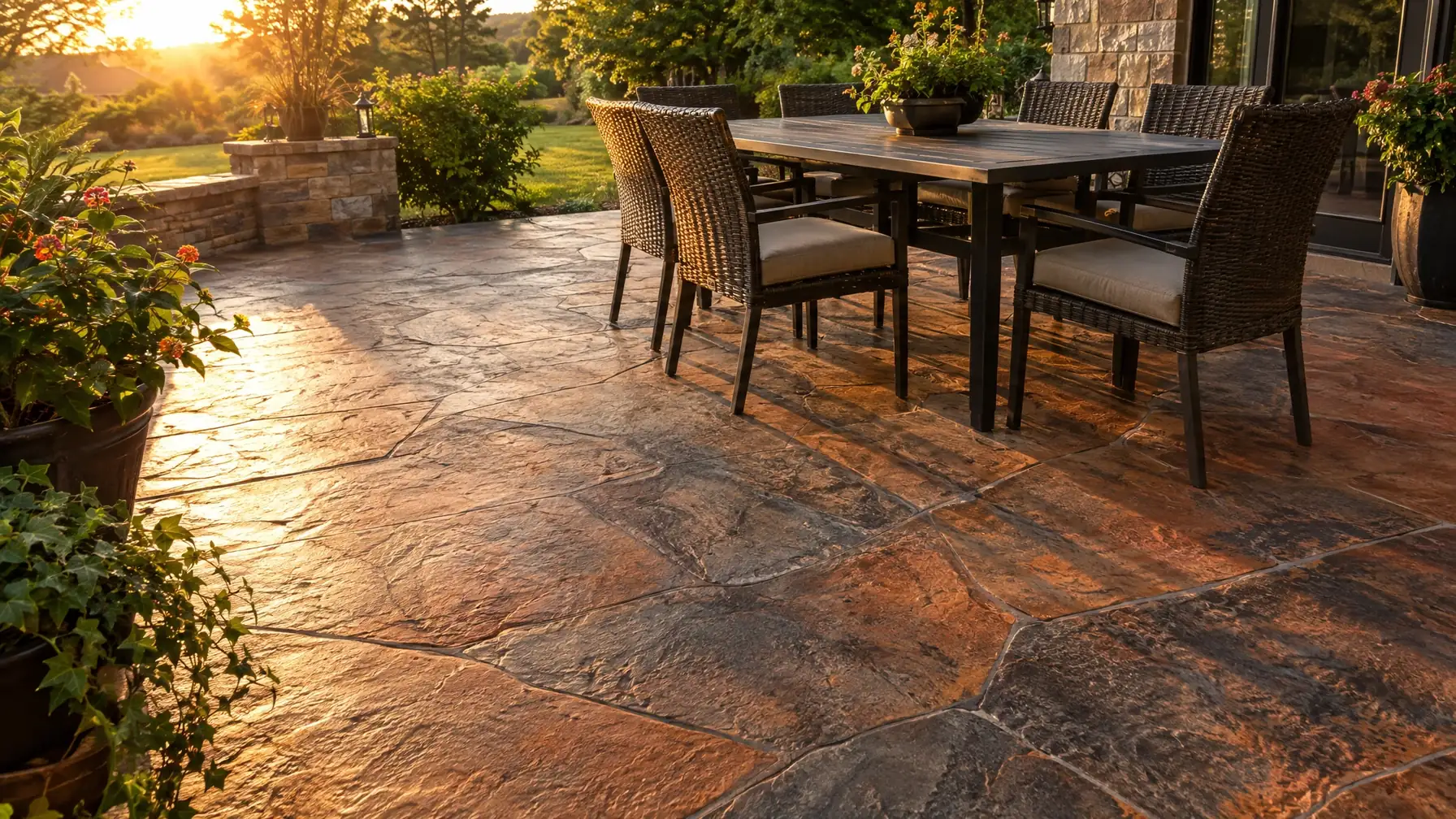 Terra-cotta and charcoal stamped slate patio with dining table in low sun