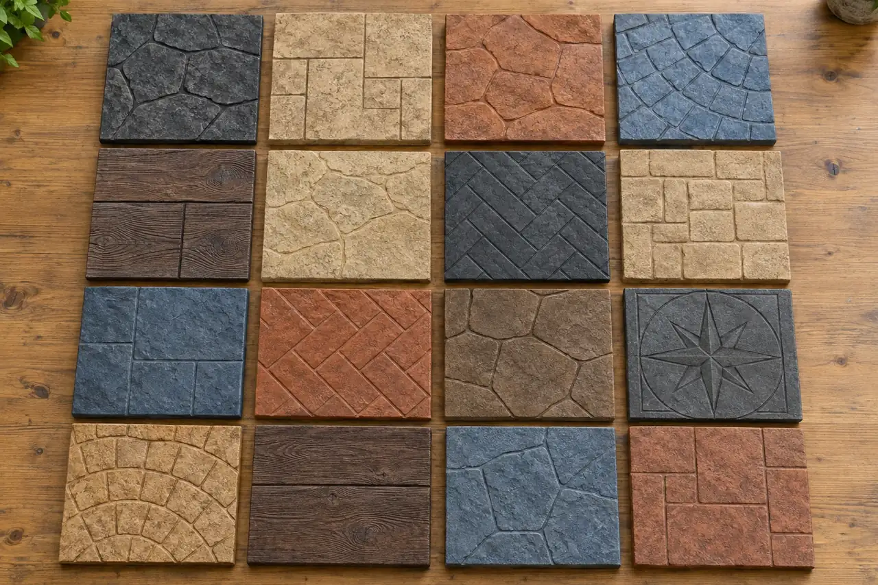 Fan of stamped concrete color and texture sample chips