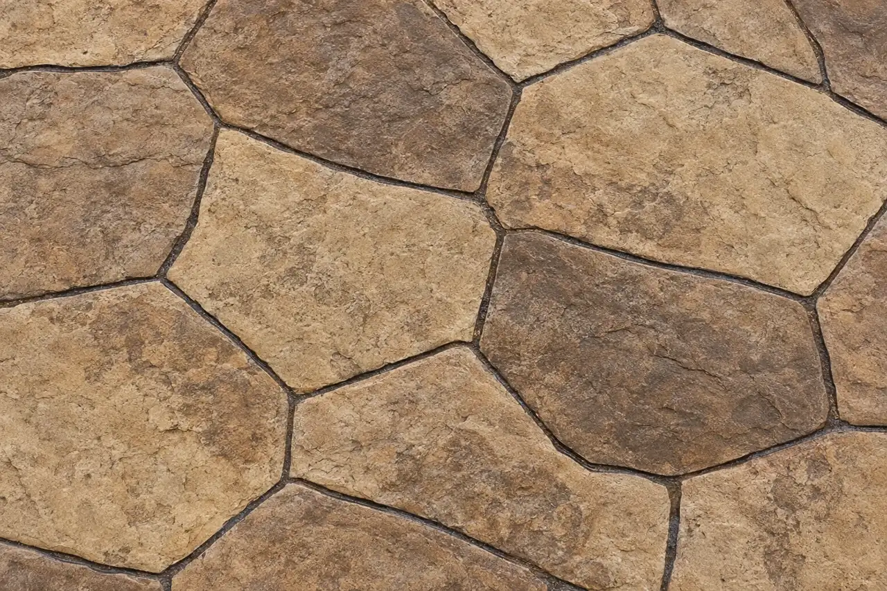 Top-down view of random flagstone stamped concrete in tan and brown tones