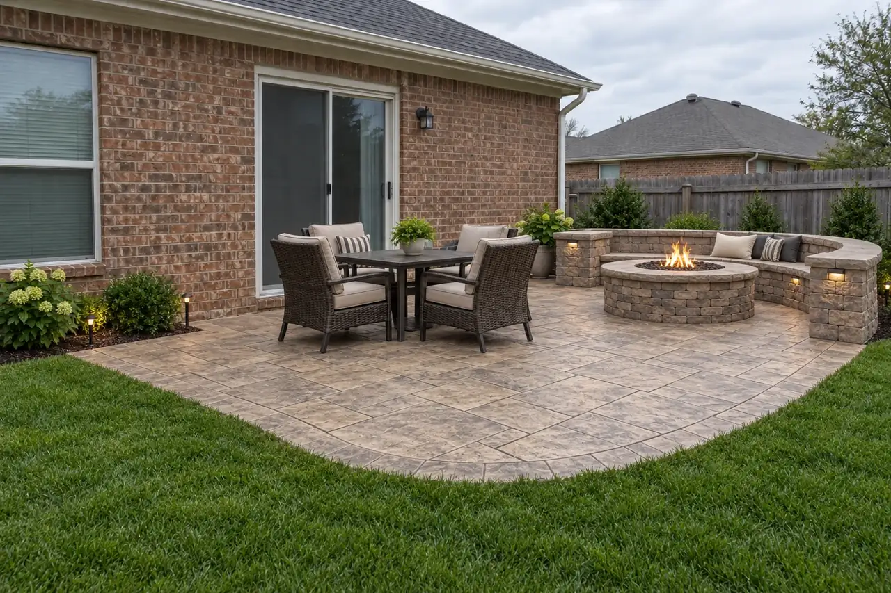 Concept image: a plain gray slab and a stamped patio with a fire pit - after