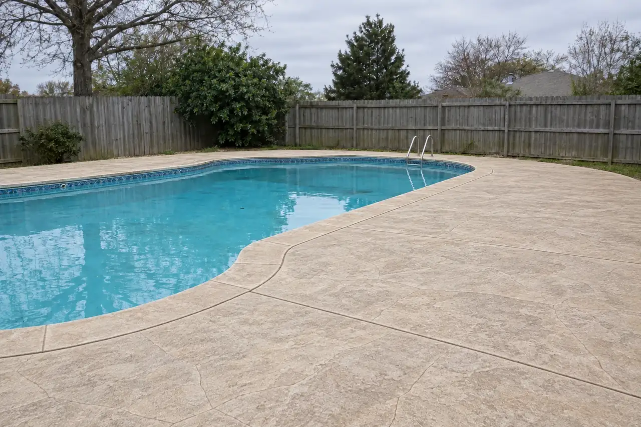Concept image: a worn pool deck and a resurfaced decorative pool deck - after