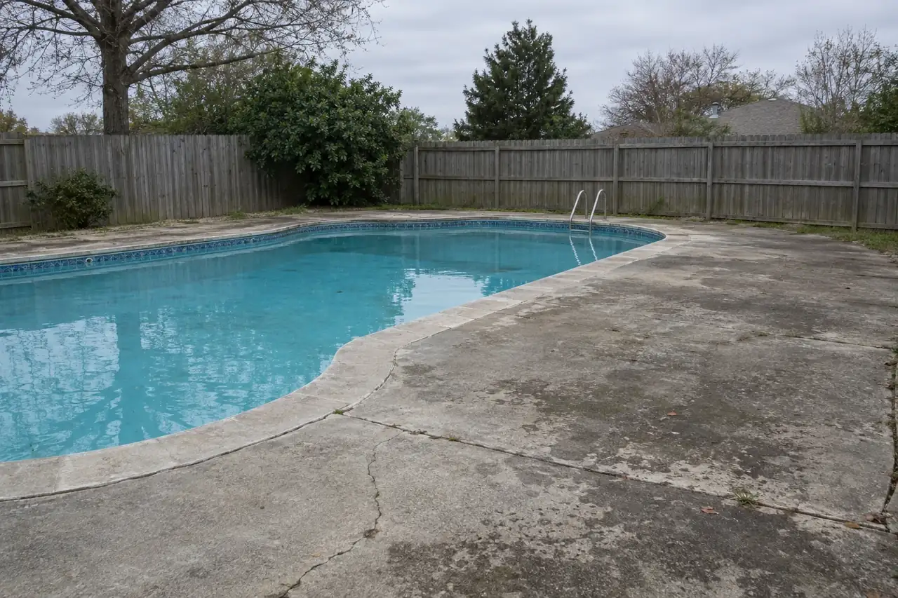 Concept image: a worn pool deck and a resurfaced decorative pool deck - before