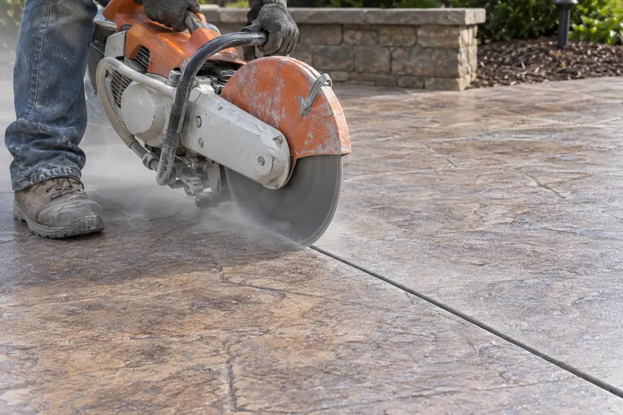 Concrete saw cutting a straight control joint into a cured stamped patio