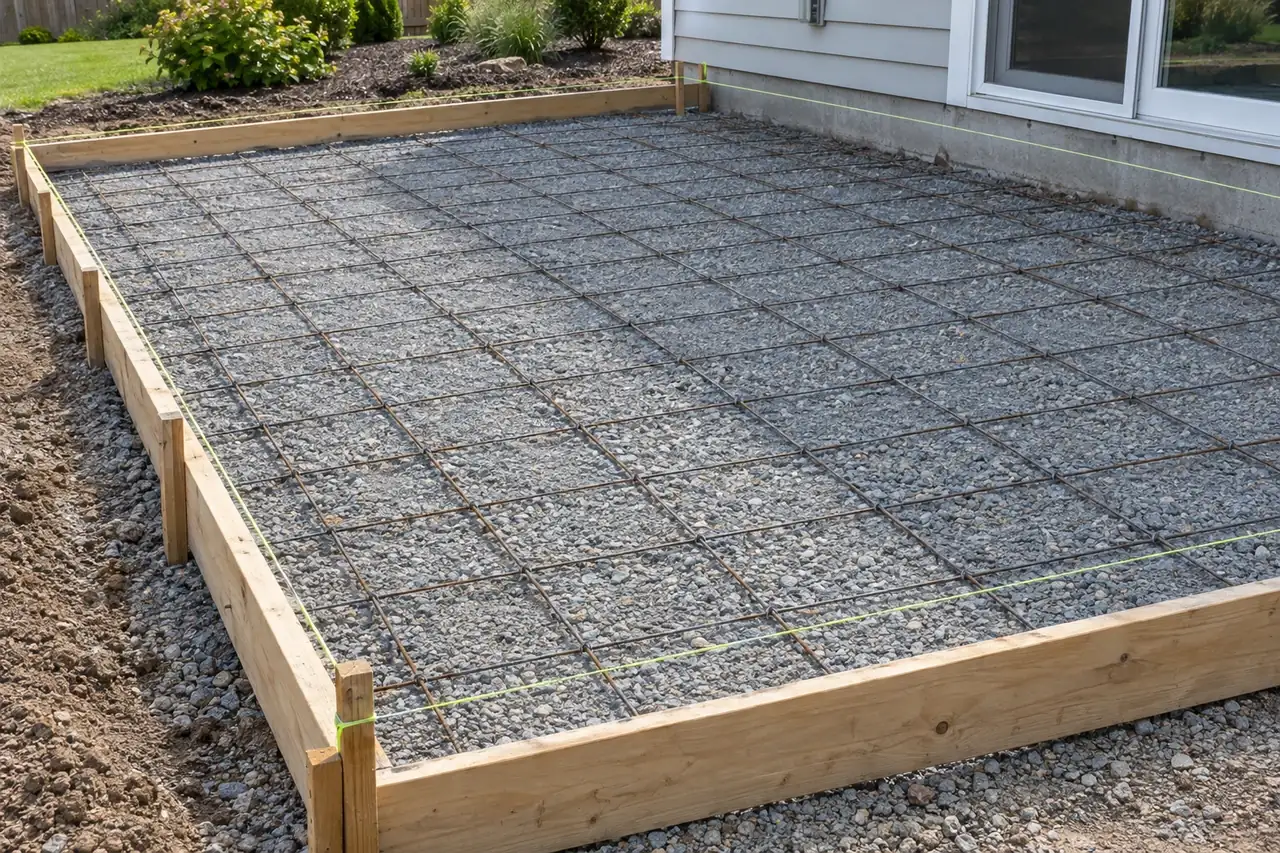 Wood forms and welded wire mesh laid on a compacted gravel base before a concrete pour