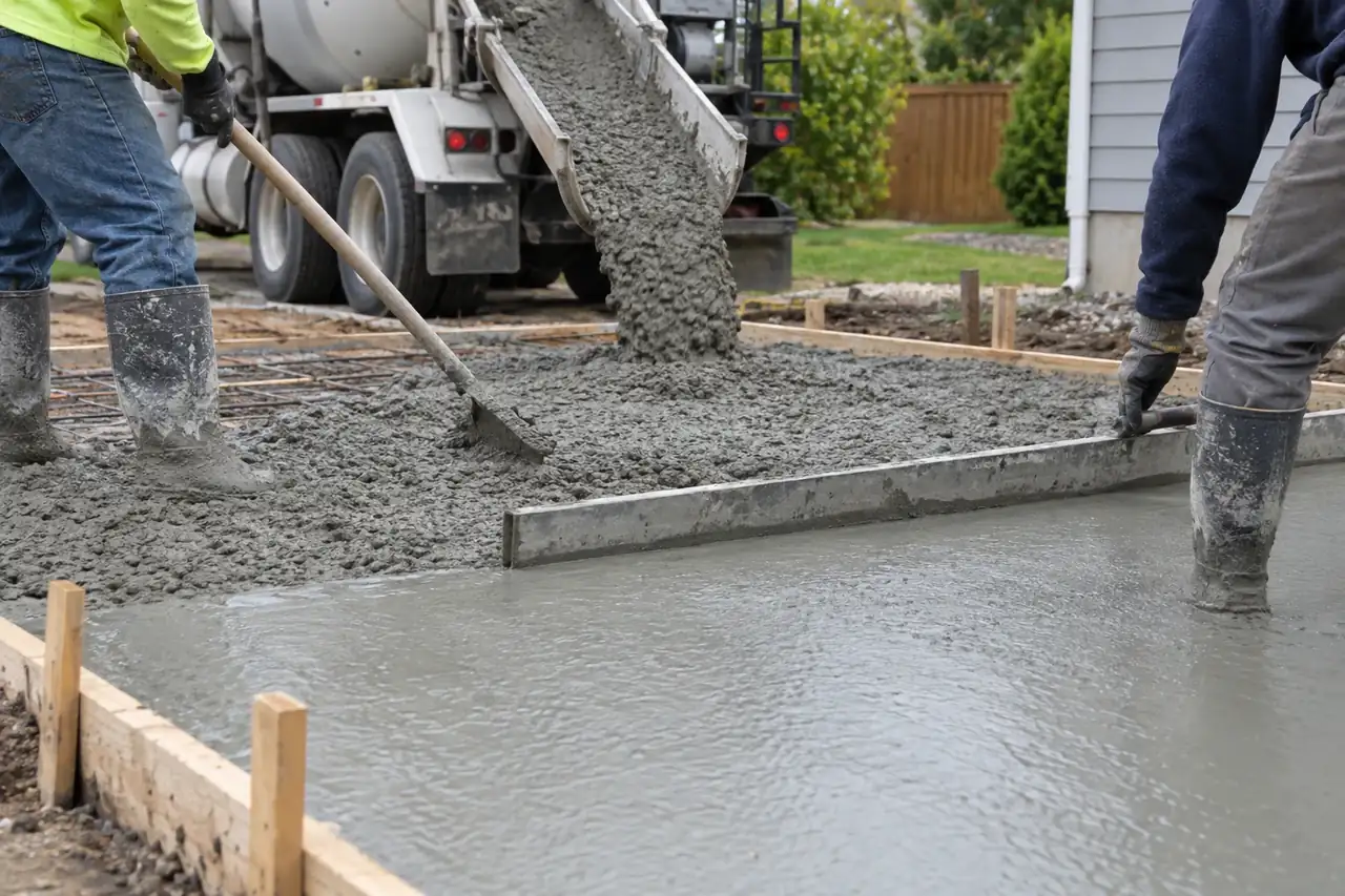Ready-mix concrete being poured and screeded flat for a patio slab