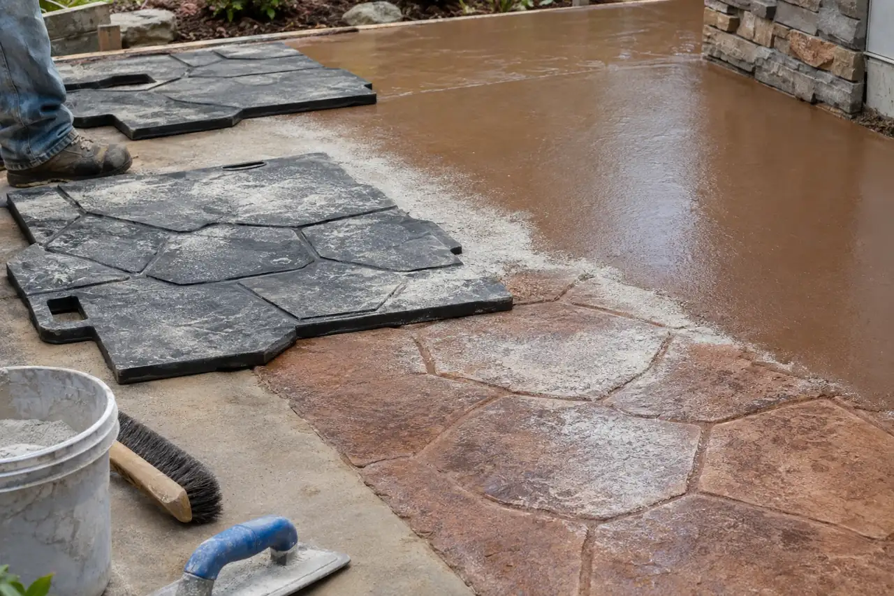 Rubber stamping mats pressed into colored fresh concrete with release powder