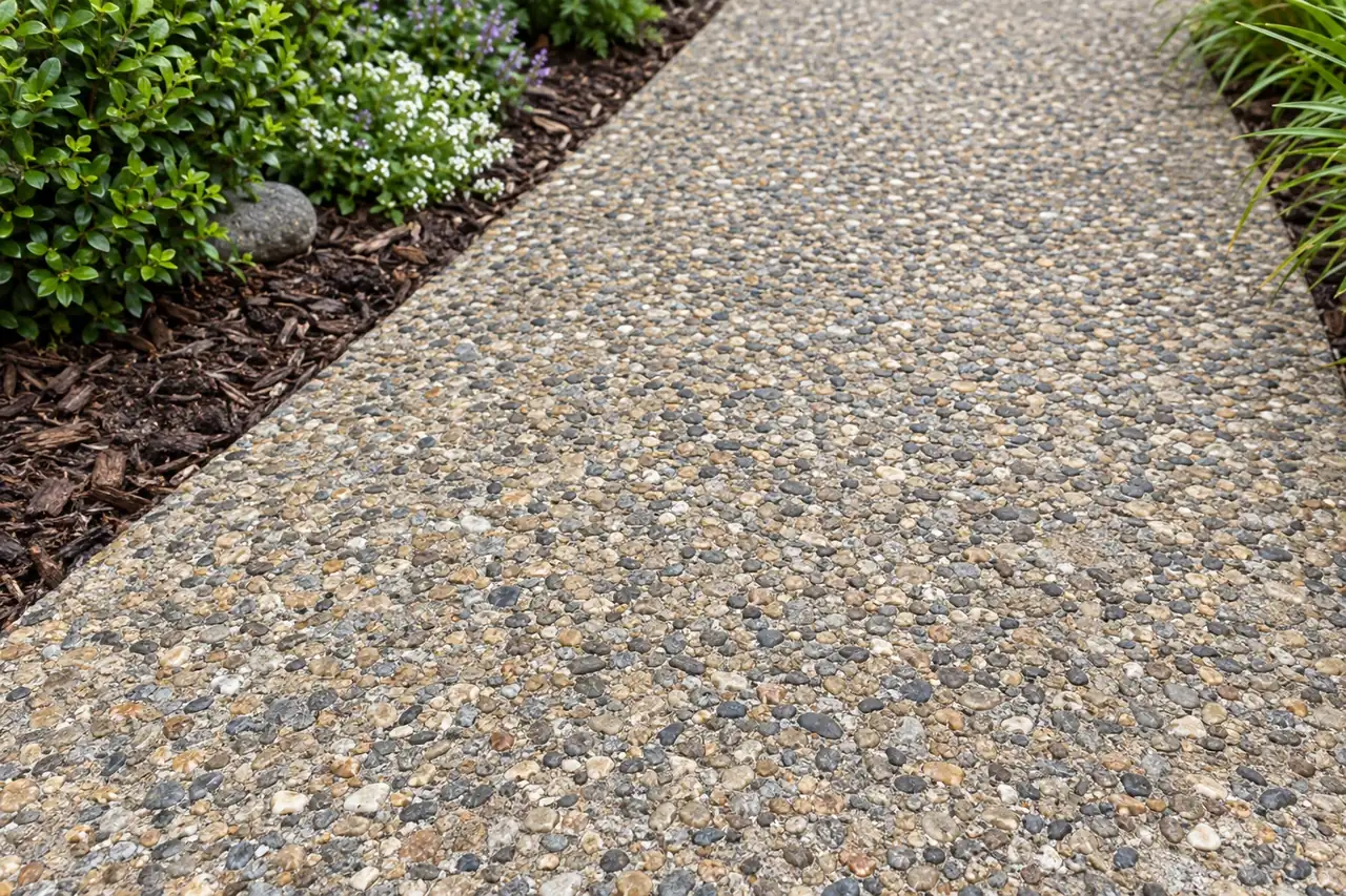 Exposed aggregate concrete walkway with tan and gray pebbles