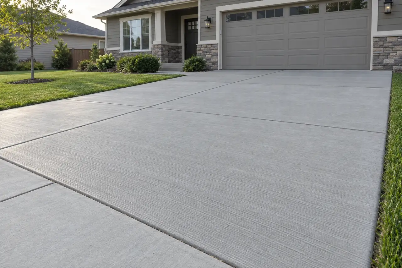 Clean broom-finished concrete driveway and sidewalk with neat control joints