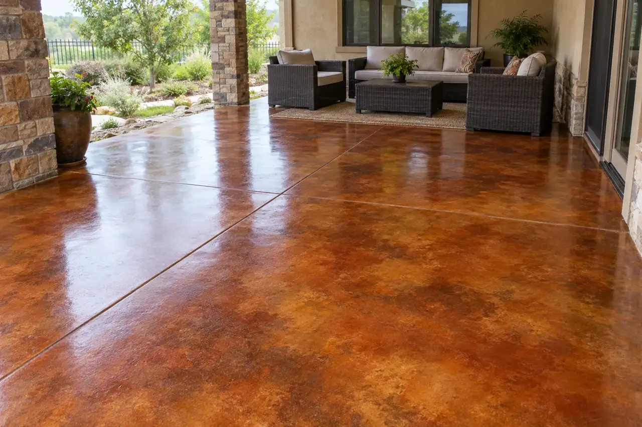 Mottled terra-cotta and brown stained decorative concrete on a covered patio