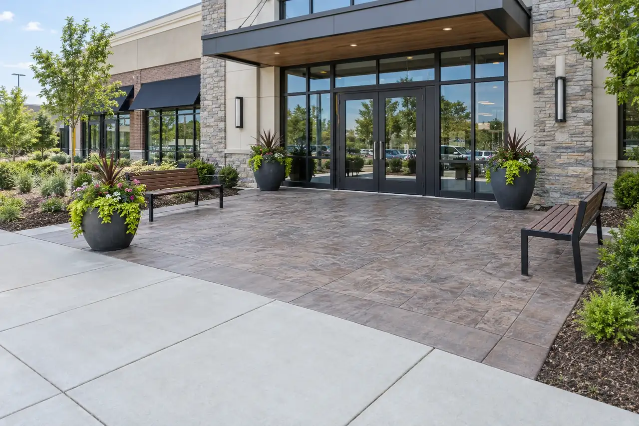 Commercial building entrance with decorative concrete sidewalks and a stamped plaza