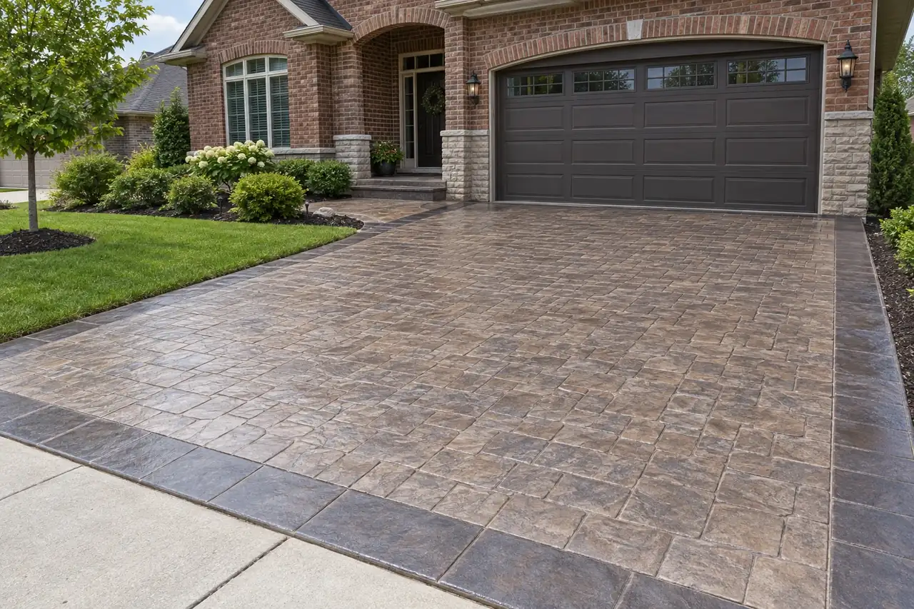 Curving stamped concrete driveway leading to a brick home with a three-car garage