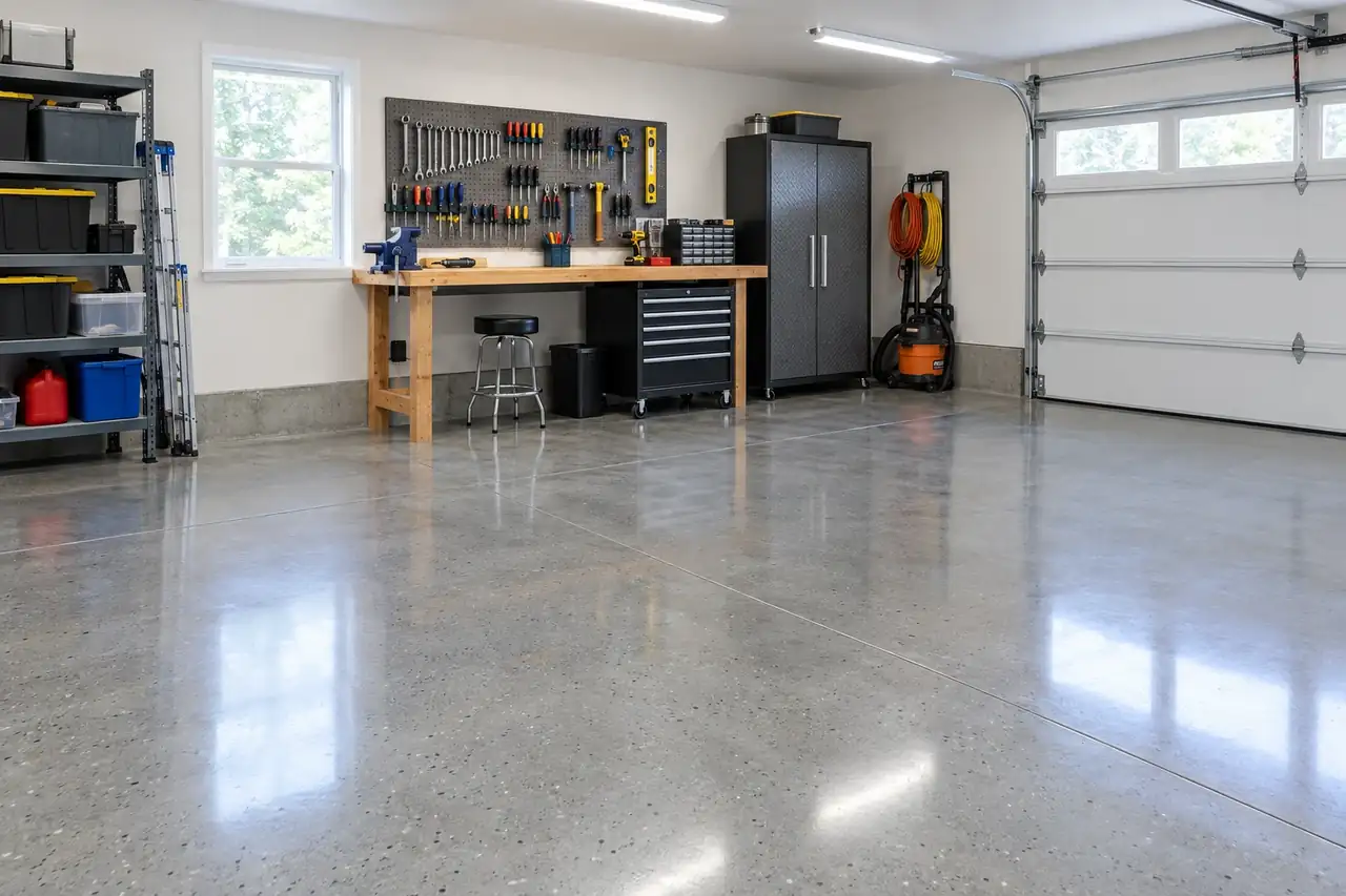 Garage interior with a smooth sealed gray concrete floor and a workbench