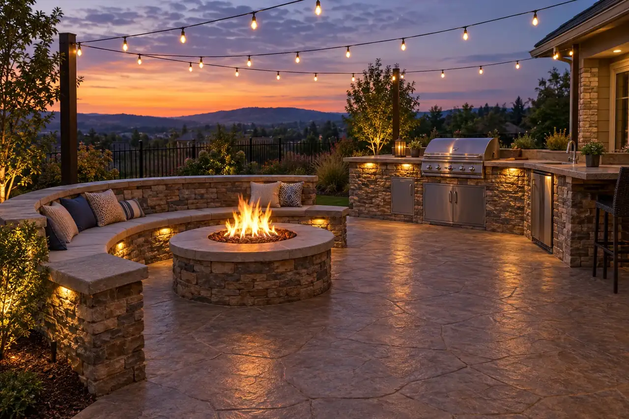 Stamped concrete patio with a fire pit, seating wall and outdoor kitchen at dusk