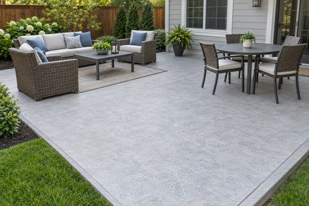 Freshly resurfaced decorative concrete overlay patio in light gray with a fine stone texture