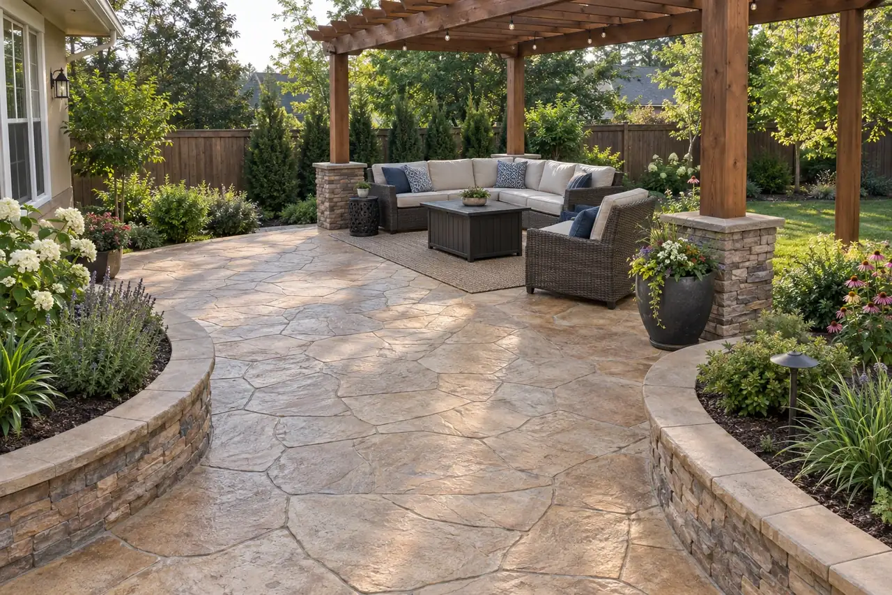 Stamped concrete patio with a fire pit, outdoor sofas and string lights at dusk
