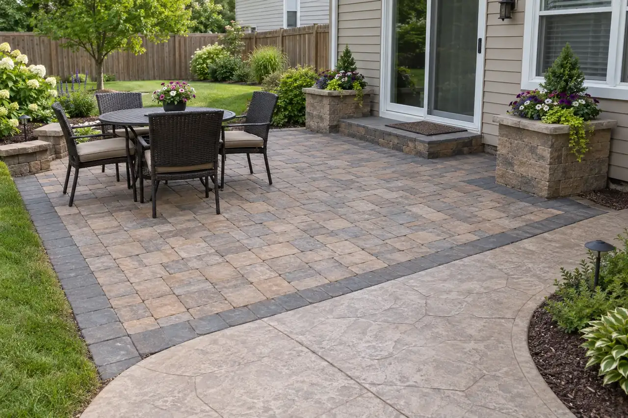 Interlocking stone paver patio with a border next to a decorative concrete walkway