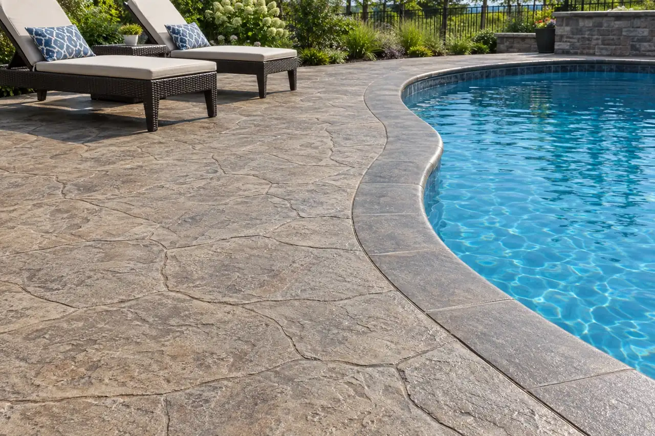Stamped concrete cool deck in sand color around a backyard pool with lounge chairs