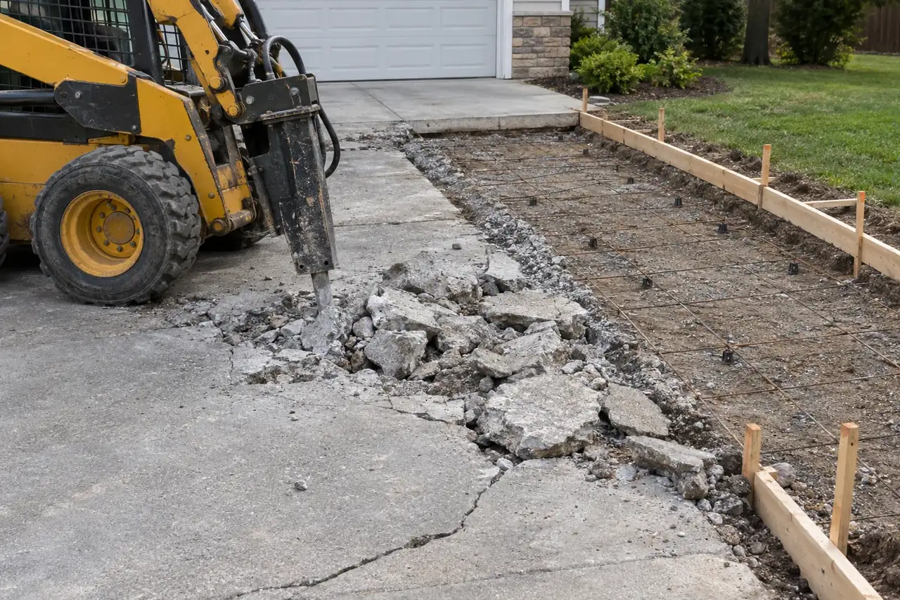 Old cracked driveway being broken out with forms staked for a new pour