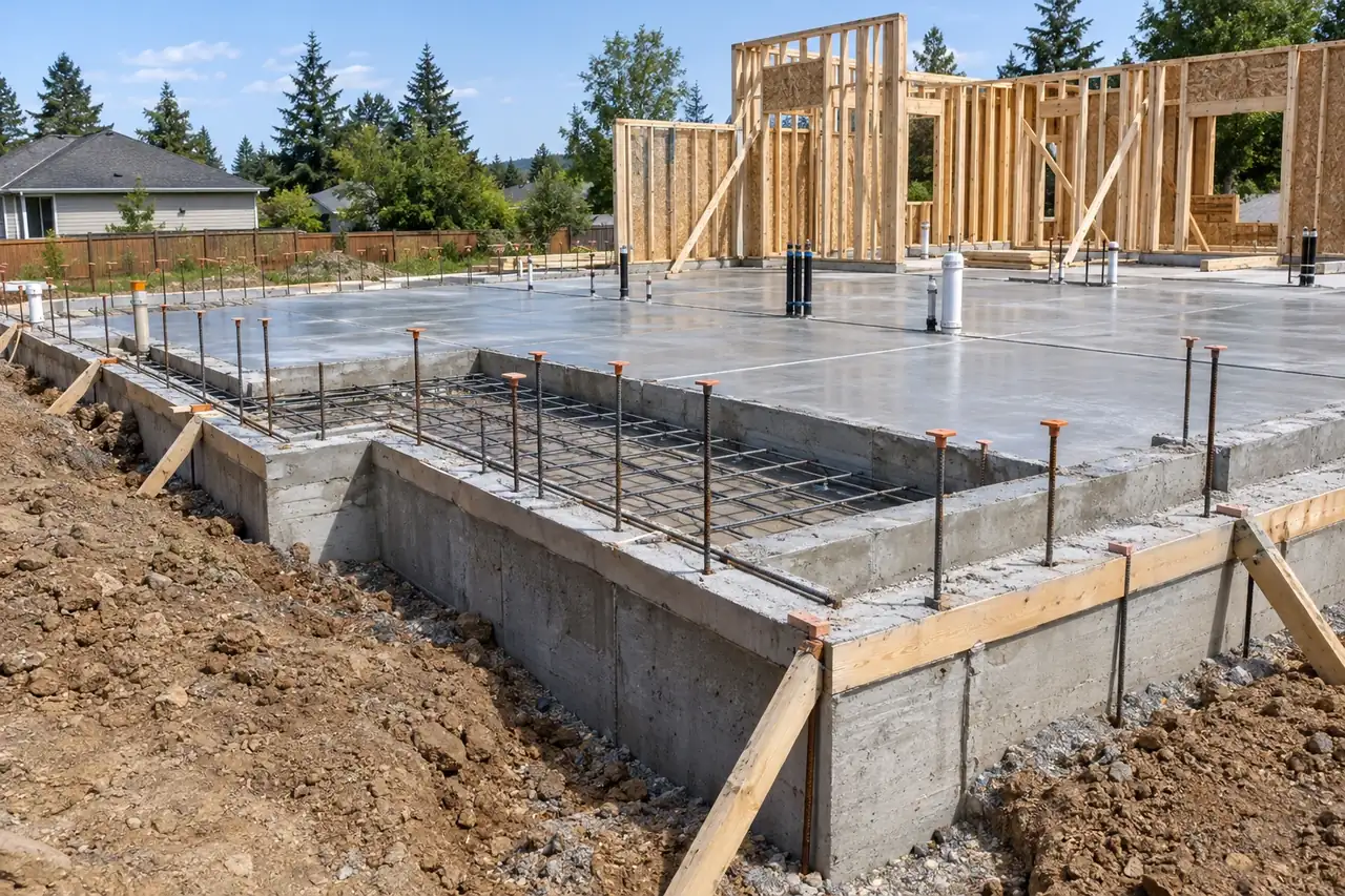 New home construction site with a poured concrete footing and slab