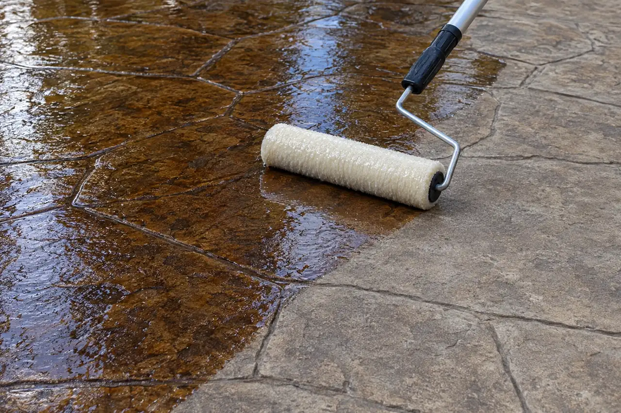 Roller applying clear sealer to stamped concrete, the sealed side glossy and the unsealed side matte