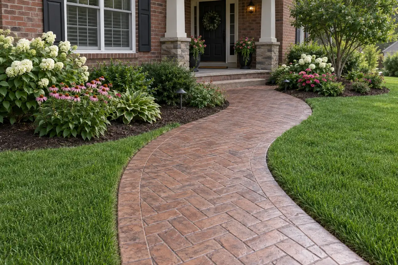 Stamped concrete walkway and front steps in a European fan pattern
