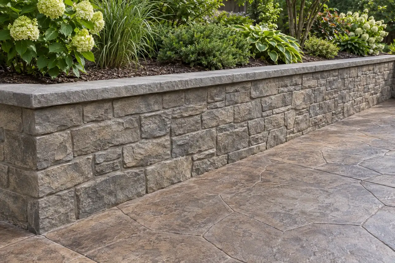 Poured concrete retaining wall with stamped stone texture and a stamped patio below